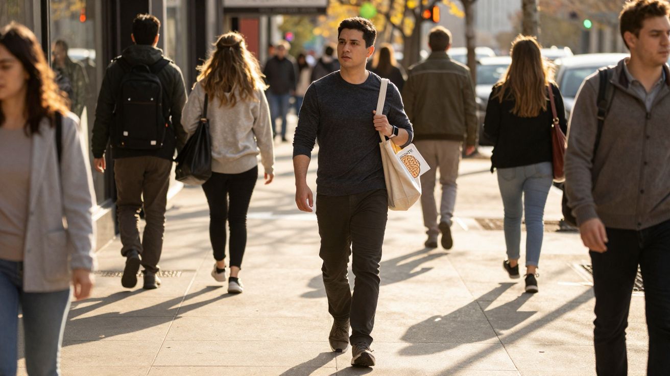 Pessoas a caminhar numa calçada urbana ao final da tarde com luz solar suave.