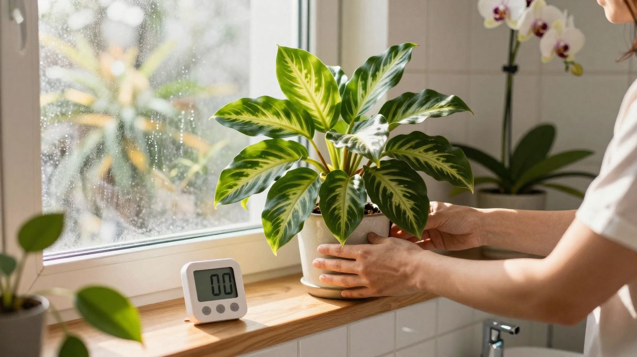 Pessoa a cuidar de planta verde em vaso branco numa janela com orquídea ao fundo.
