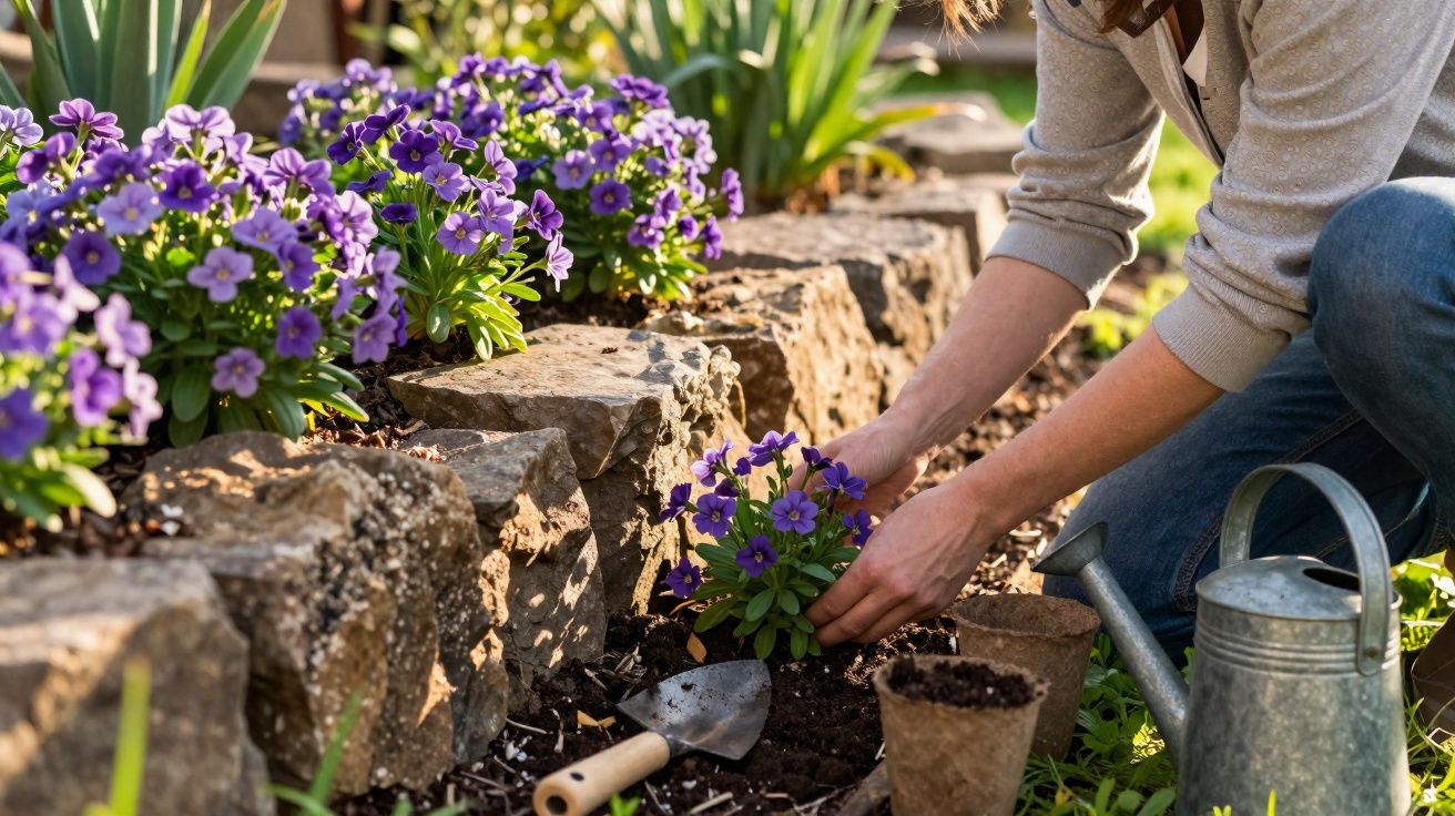 Pessoa a plantar flores roxas num canteiro de jardim junto a pedras, com regador e enxada ao lado.