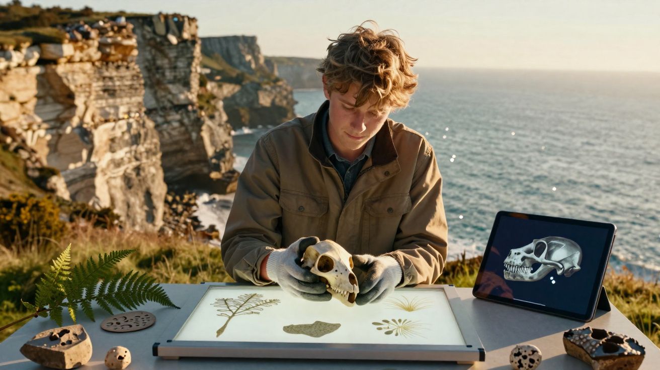 Jovem analisa crânio animal ao ar livre, com tablets e vestígios naturais numa mesa junto ao mar e falésias.