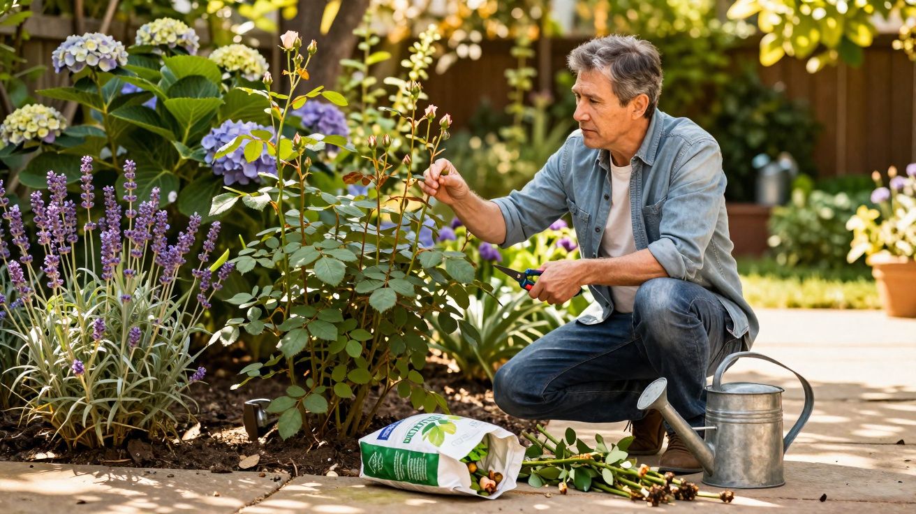 Homem a podar roseira num jardim, rodeado de flores coloridas e regador metálico no chão.