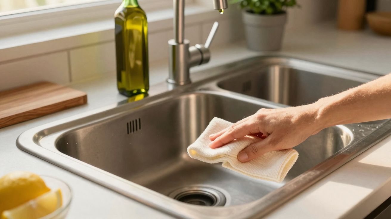 Mão a limpar uma pia de cozinha em aço inox com um pano branco, garrafa de azeite e limões ao lado.