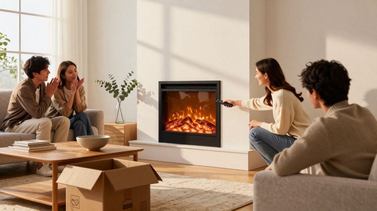 Três pessoas num salão aconchegante, com lareira elétrica e caixa de mudança no chão.
