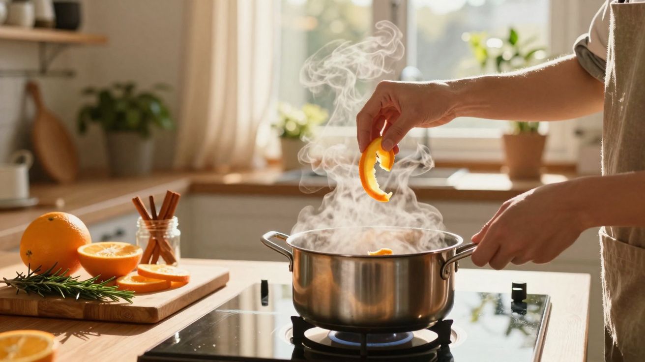 Pessoa a adicionar casca de laranja a panela com vapor numa cozinha iluminada e acolhedora.