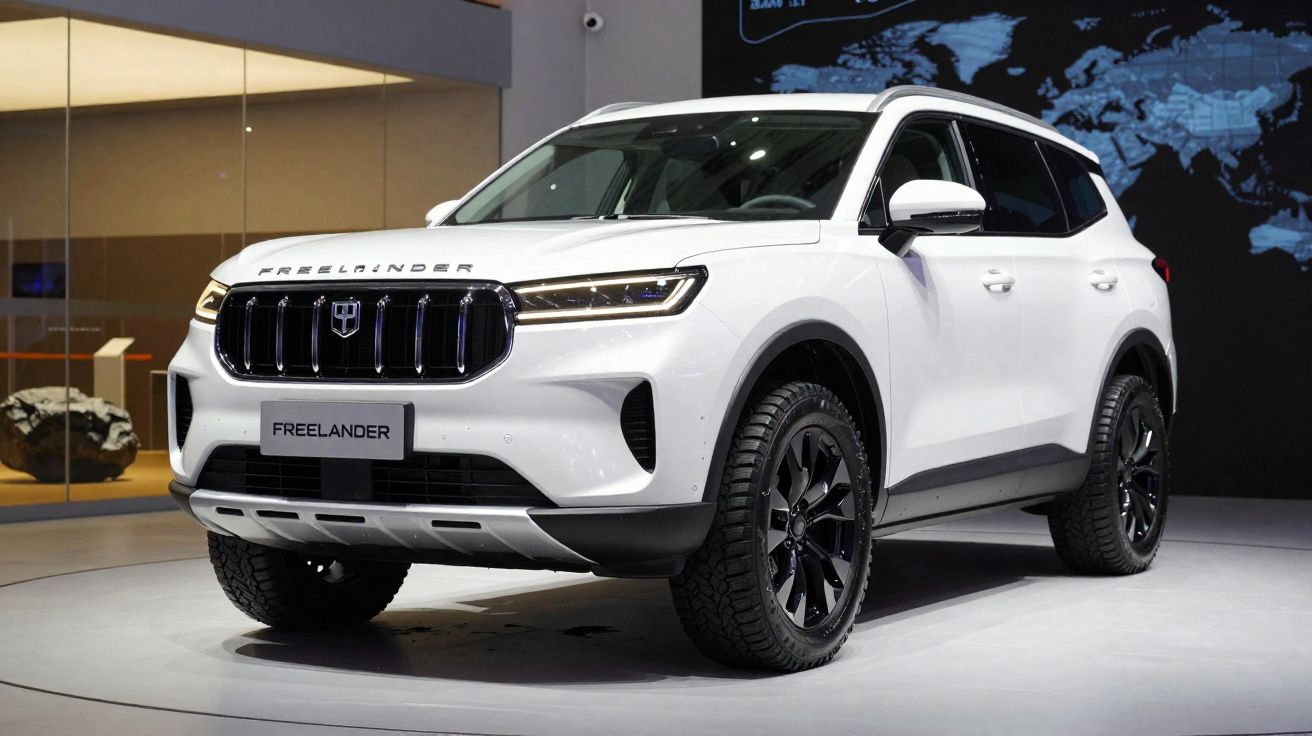 Carro SUV branco Freelander estacionado em exposição, vista frontal e lateral direita.