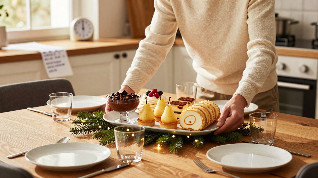 Pessoa a servir uma travessa com sobremesas variadas numa mesa posta para quatro pessoas.