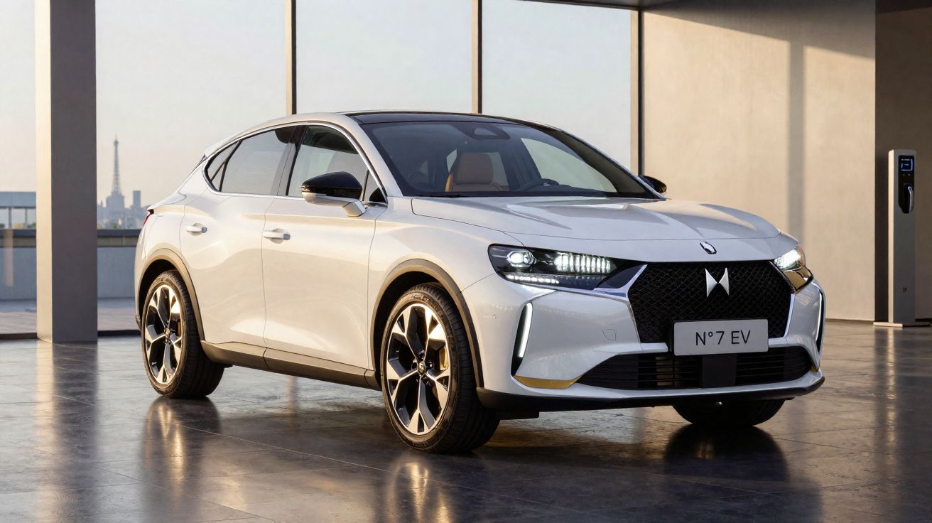 Carro elétrico branco DS 7 EV estacionado em garagem moderna com torre Eiffel ao fundo.