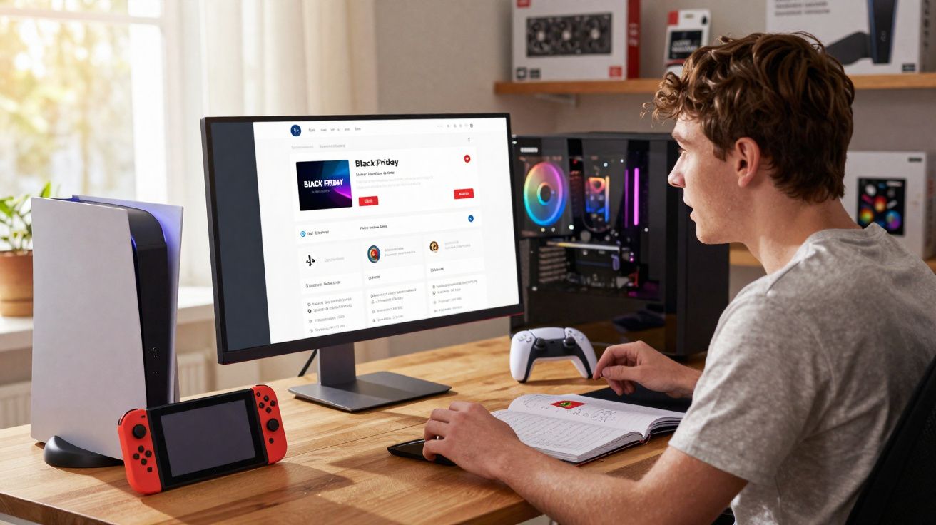 Jovem sentado numa secretária com consola, computador e monitor exibindo promoções de Black Friday.