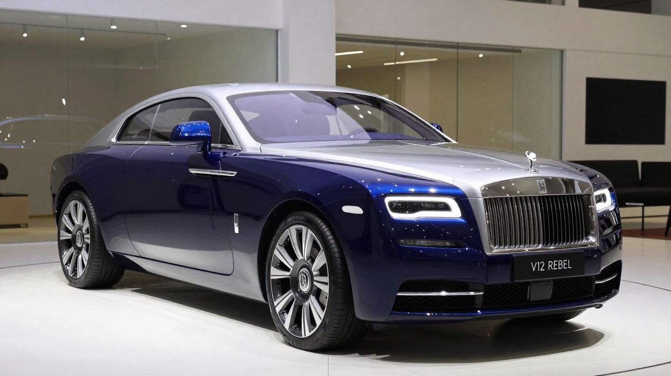 Carro de luxo Rolls-Royce Coupé azul com capô prateado exposto numa sala de exposição moderna.