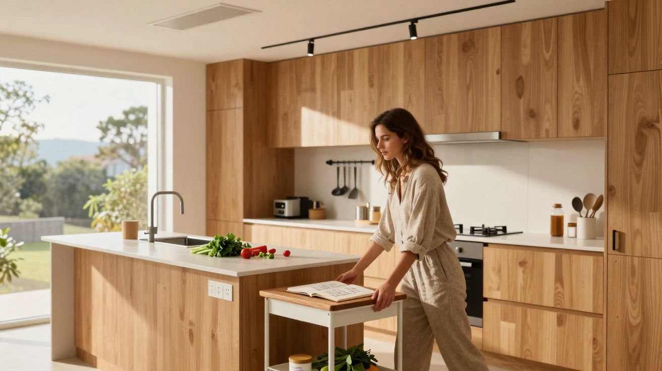 Mulher a preparar receita numa cozinha moderna com armários em madeira e ilha central, luz natural entra pela janela.