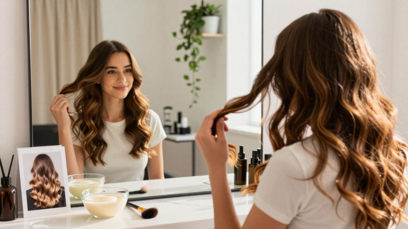 Mulher sorridente a pentear o cabelo ondulado enquanto se olha ao espelho numa casa de banho.