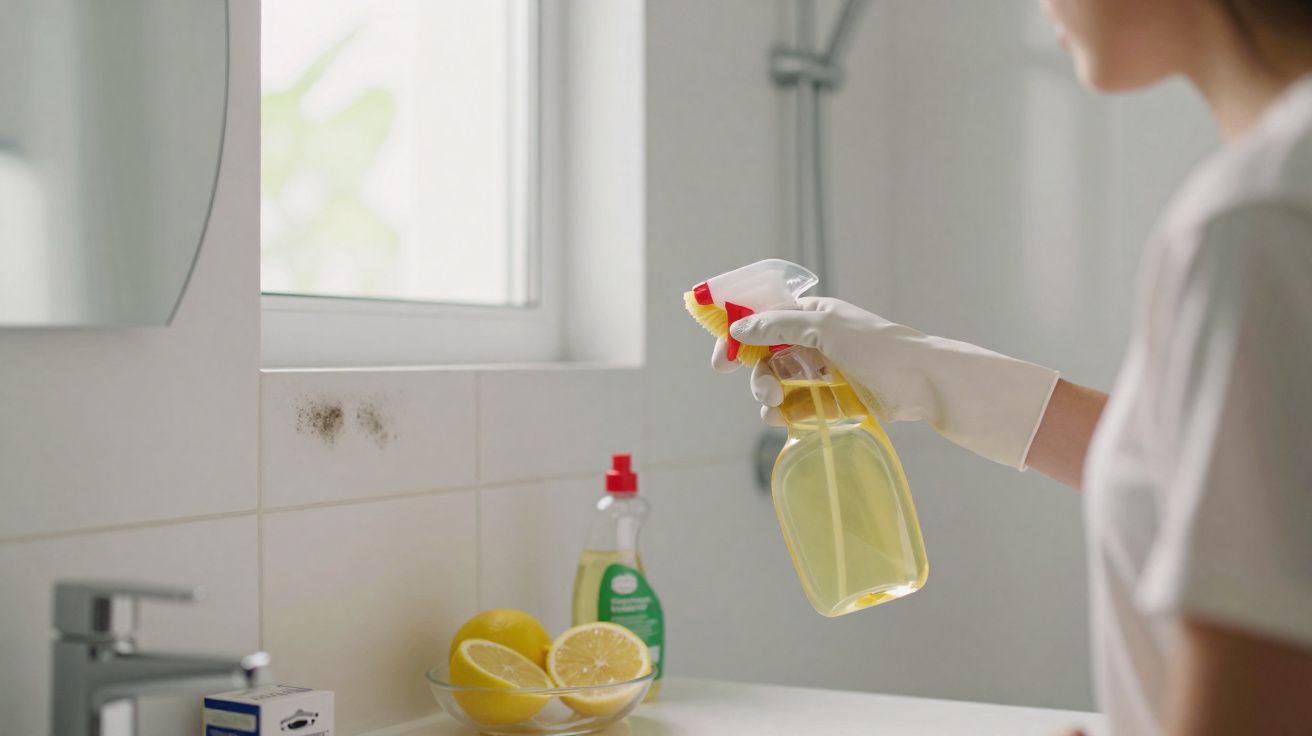 Pessoa a usar luvas a limpar manchas de bolor numa sanita com pulverizador amarelo.