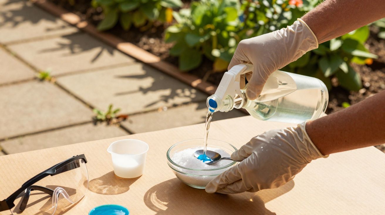 Mãos com luvas a despejar líquido de uma garrafa para colher sobre substância em recipiente de vidro.