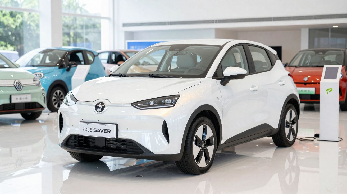 Carro elétrico branco modelo 2026 Saver em exposição numa sala de showroom moderna e iluminada.
