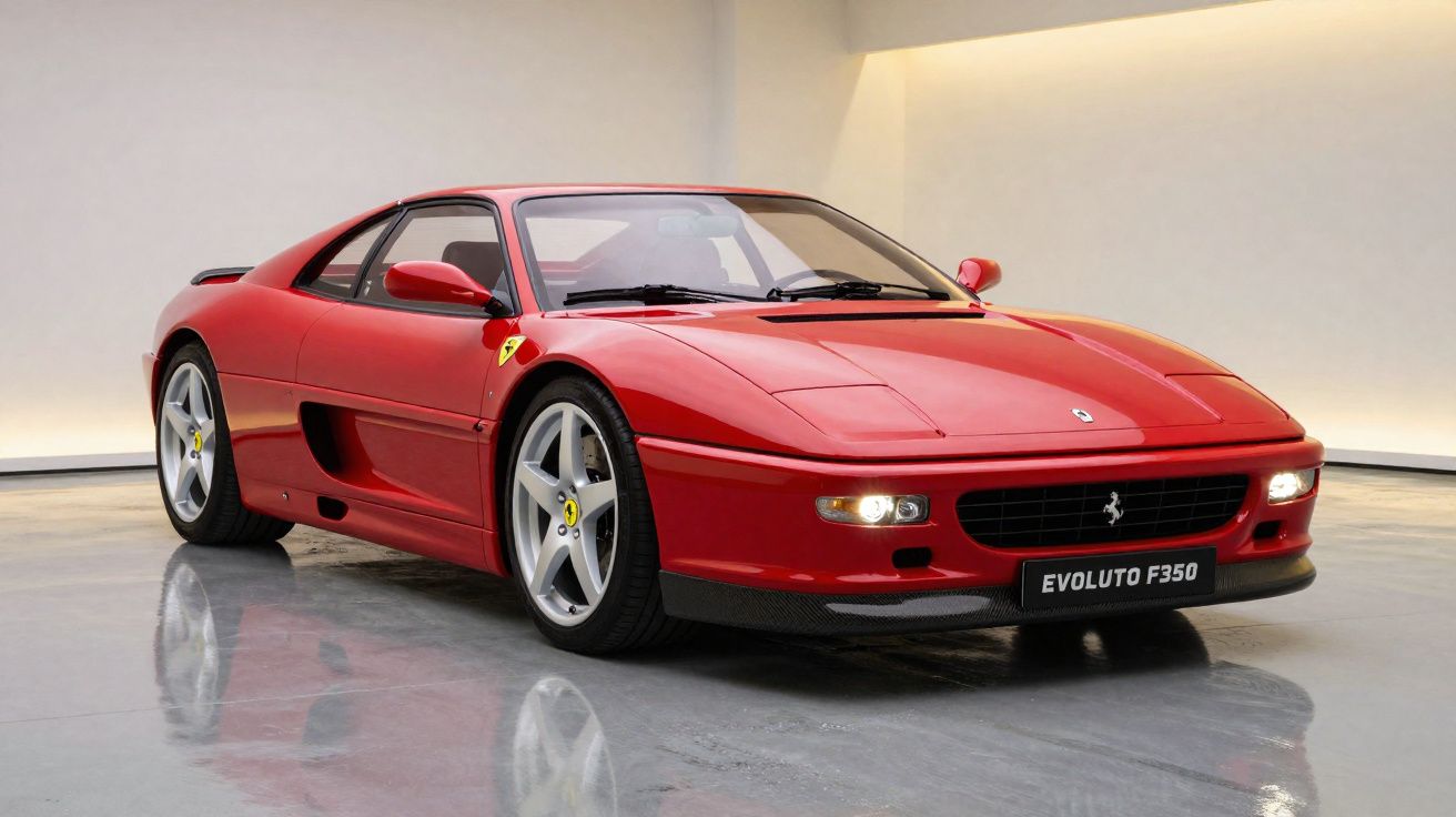 Carro desportivo vermelho Ferrari Evoluto F350 estacionado em piso reflectivo num espaço minimalista.