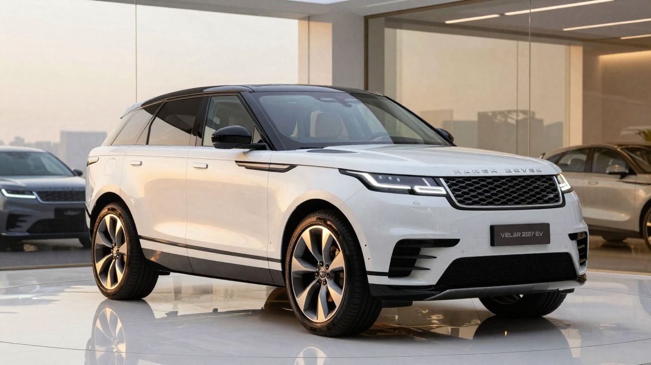 SUV elétrico branco Range Rover Velar 2023 em showroom moderno com piso refletor.