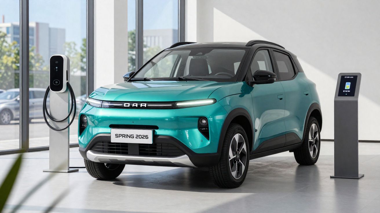 Carro elétrico verde azul da marca DAA modelo Spring 2026 estacionado em estação de carregamento interior.