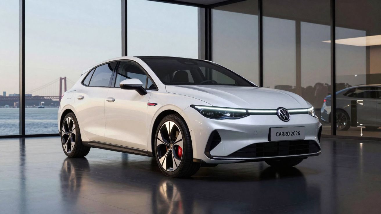 Carro elétrico Volkswagen branco modelo 2026 exibido em showroom com vista para ponte sobre o rio.