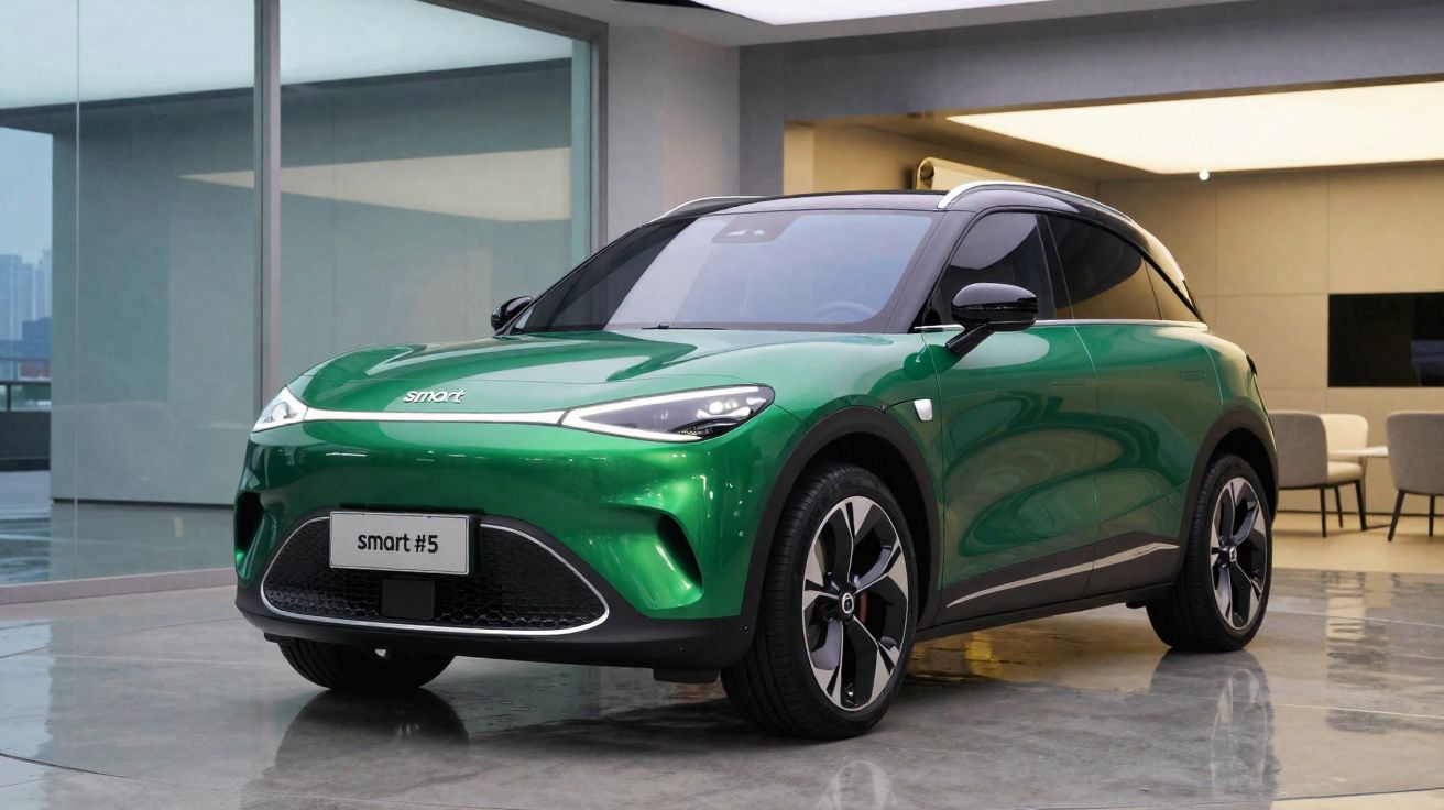 Carro elétrico verde Smart #5 estacionado em piso cinza dentro de espaço interior moderno.