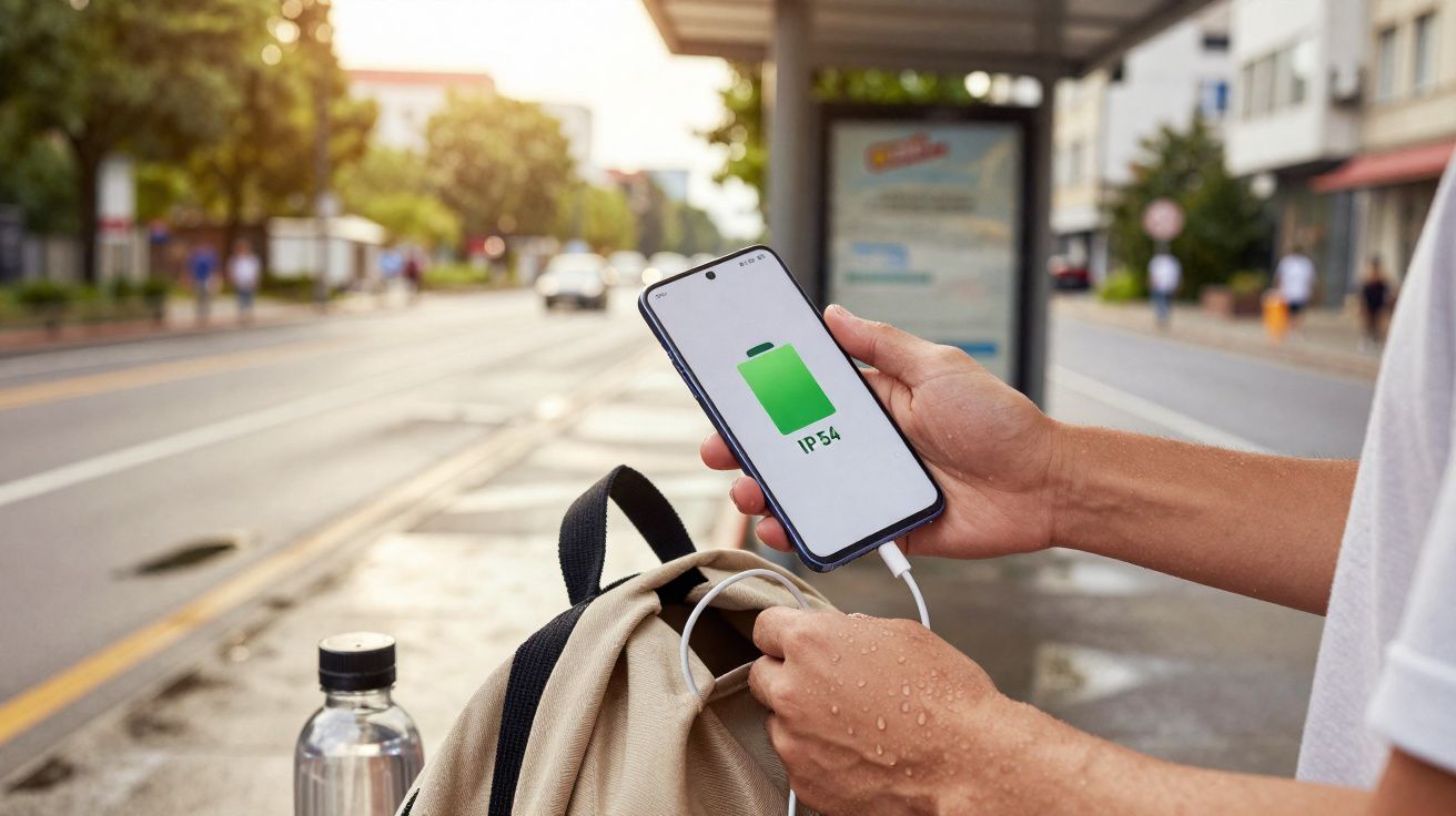 Pessoa a carregar smartphone com classificação IP54 num ponto de autocarro, junto a mochila e garrafa de água.