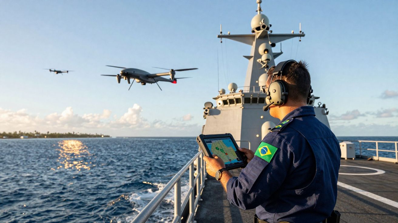 Marinheiro brasileiro controla drones a partir de tablet no convés de navio em mar aberto.