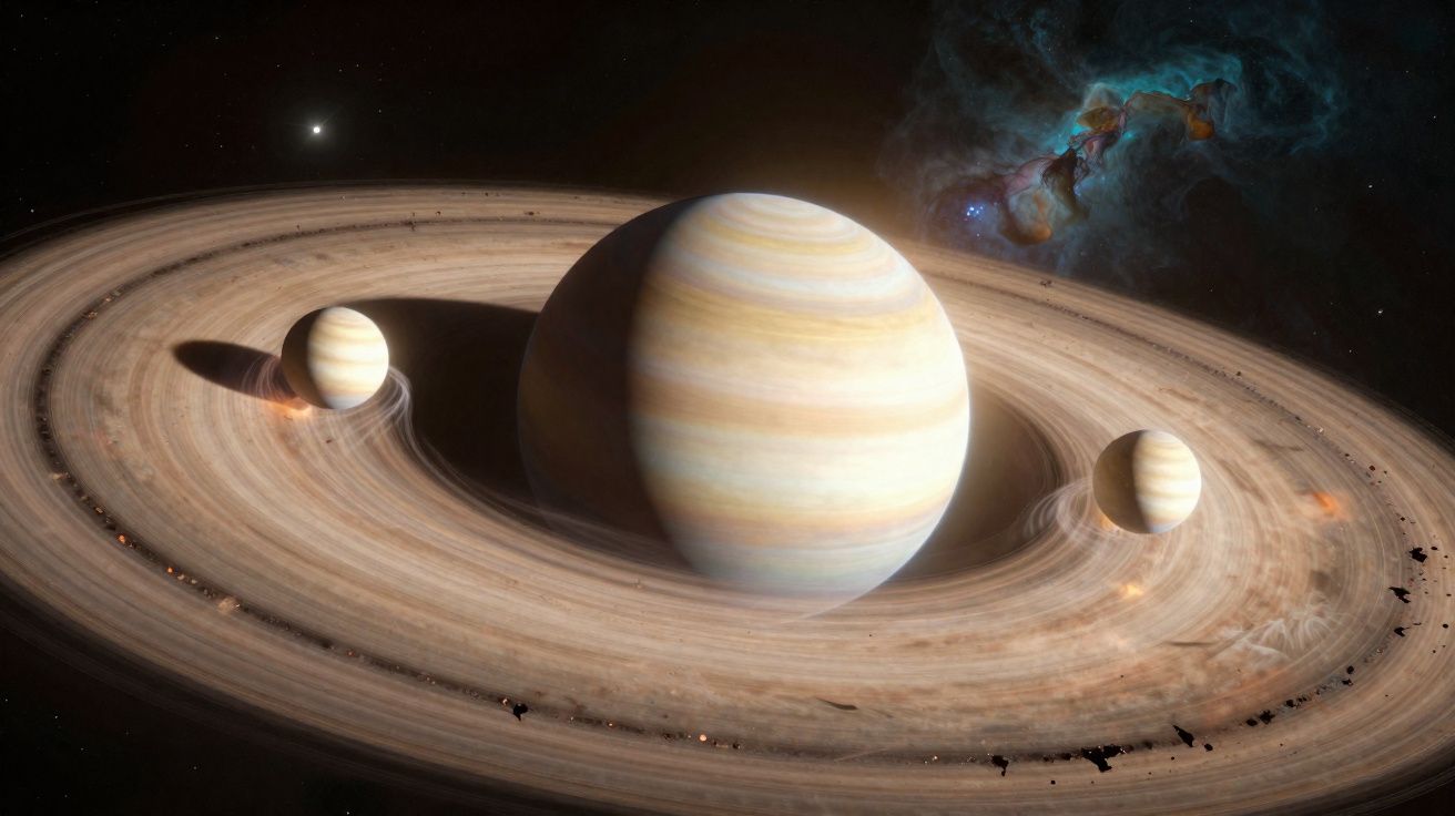 Planeta gigante gasoso com luas e anéis orbitando no espaço sideral.