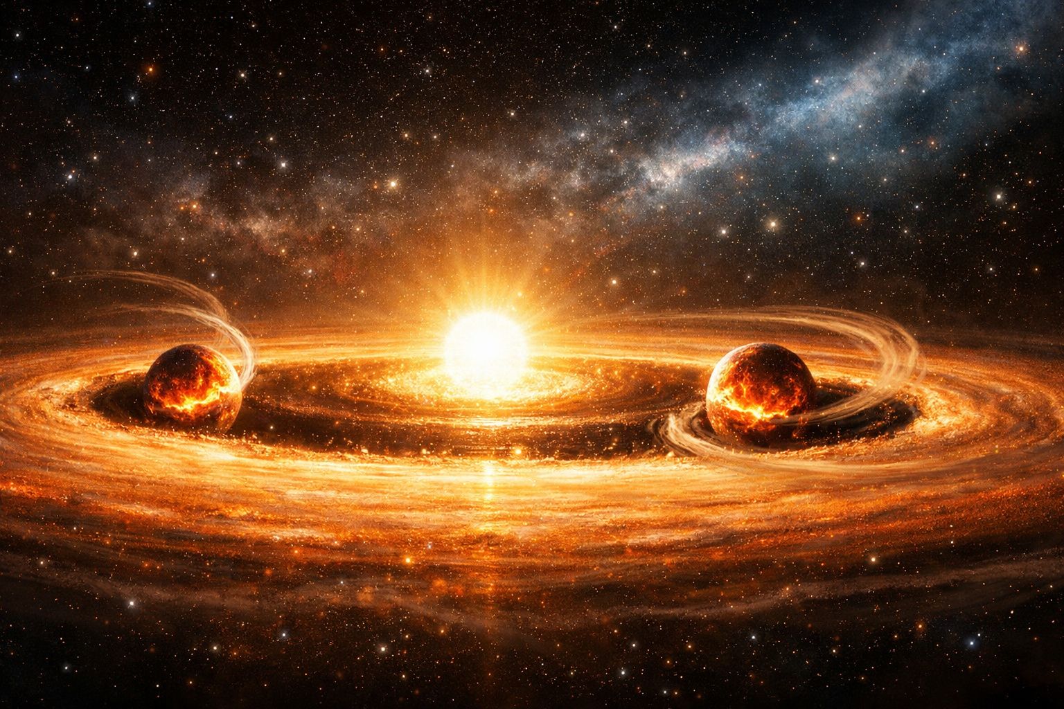 Sistema solar com duas planetas em órbita brilhante ao redor de uma estrela no espaço profundo.