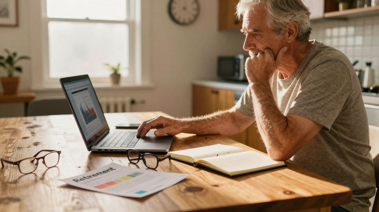 Homem idoso a trabalhar num laptop com documentos de reforma e caderno numa mesa de madeira numa cozinha luminosa.