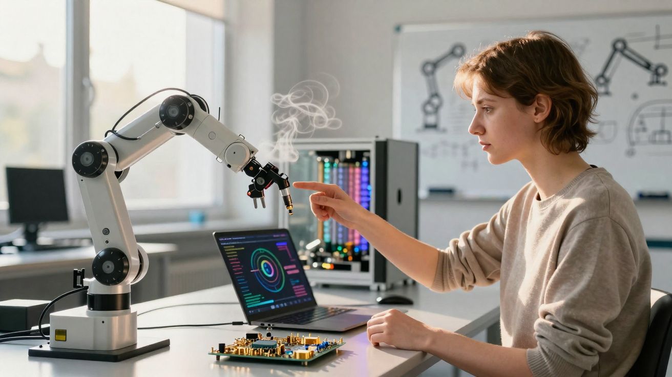 Pessoa jovem interage com um braço robótico que emite fumaça perto de computador num laboratório tecnológico.