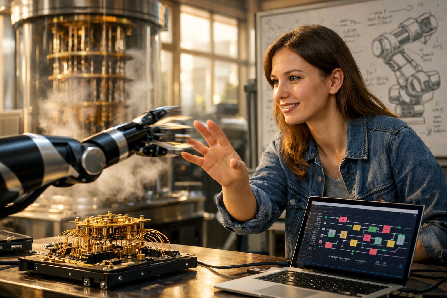 Mulher a interagir com braço robótico num laboratório tecnológico com computador e esquemas ao fundo.