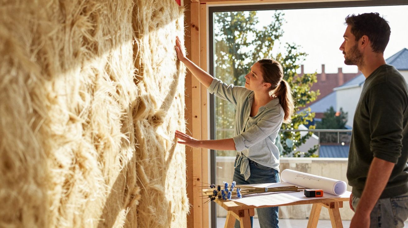 Duas pessoas a inspecionar isolamento térmico natural numa parede durante uma construção sustentável.