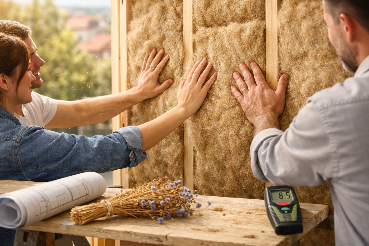 Duas pessoas a instalar isolamento ecológico num painel de madeira numa construção, com plantas secas e plantas na mesa.