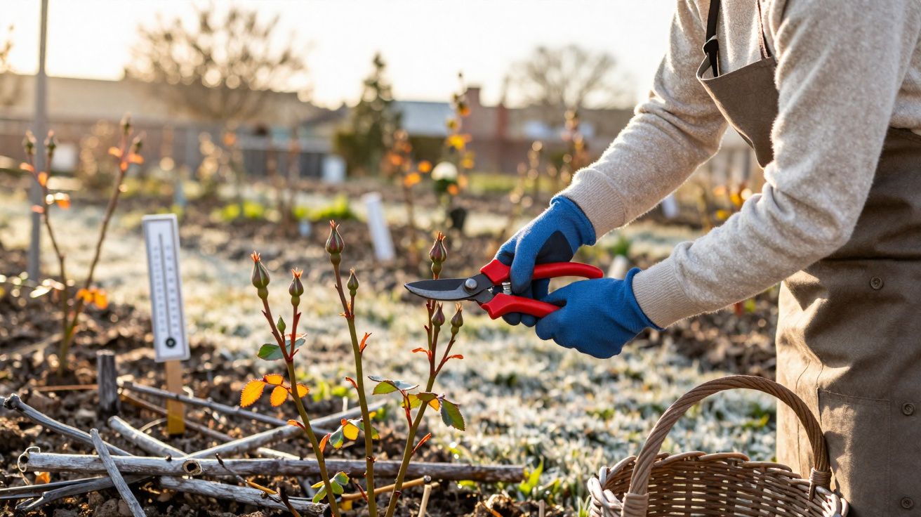 Pessoa a podar ramos de roseira num jardim com luvas azuis e tesoura vermelha e preta.