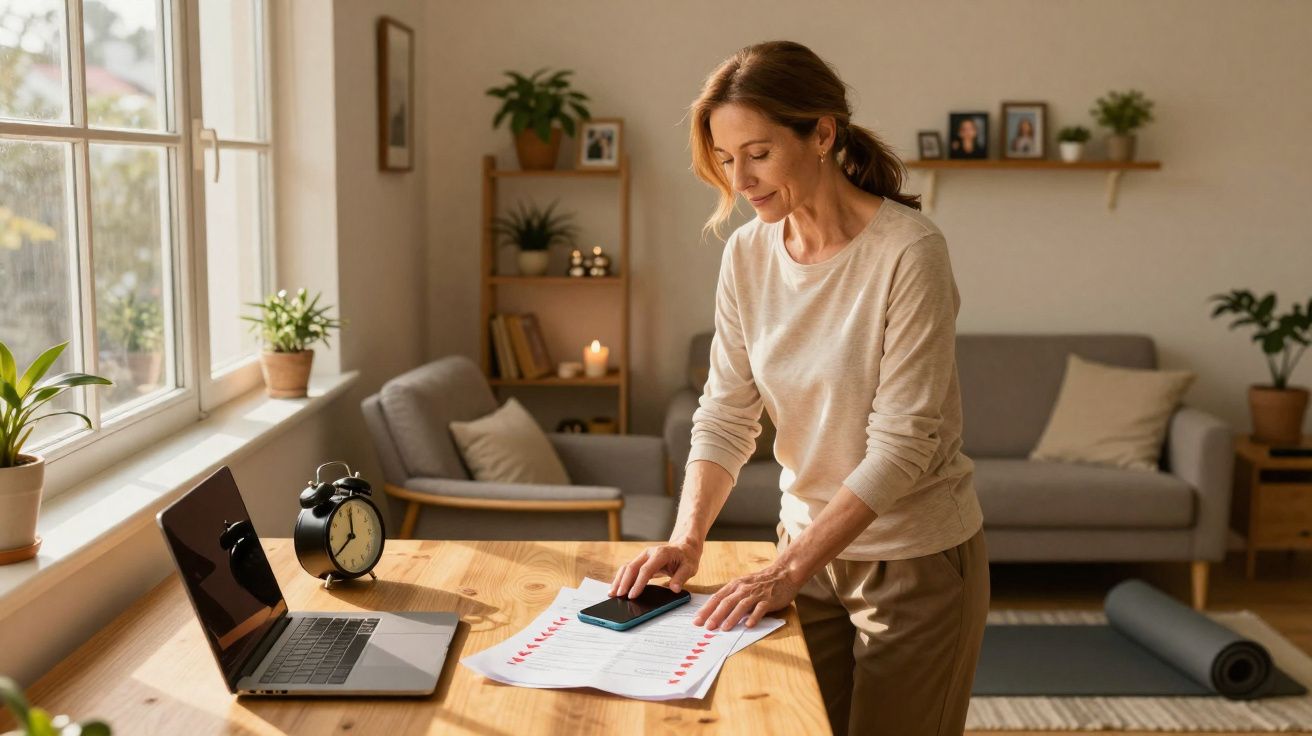 Mulher a organizar documentos numa mesa de madeira com portátil num ambiente acolhedor e iluminado.