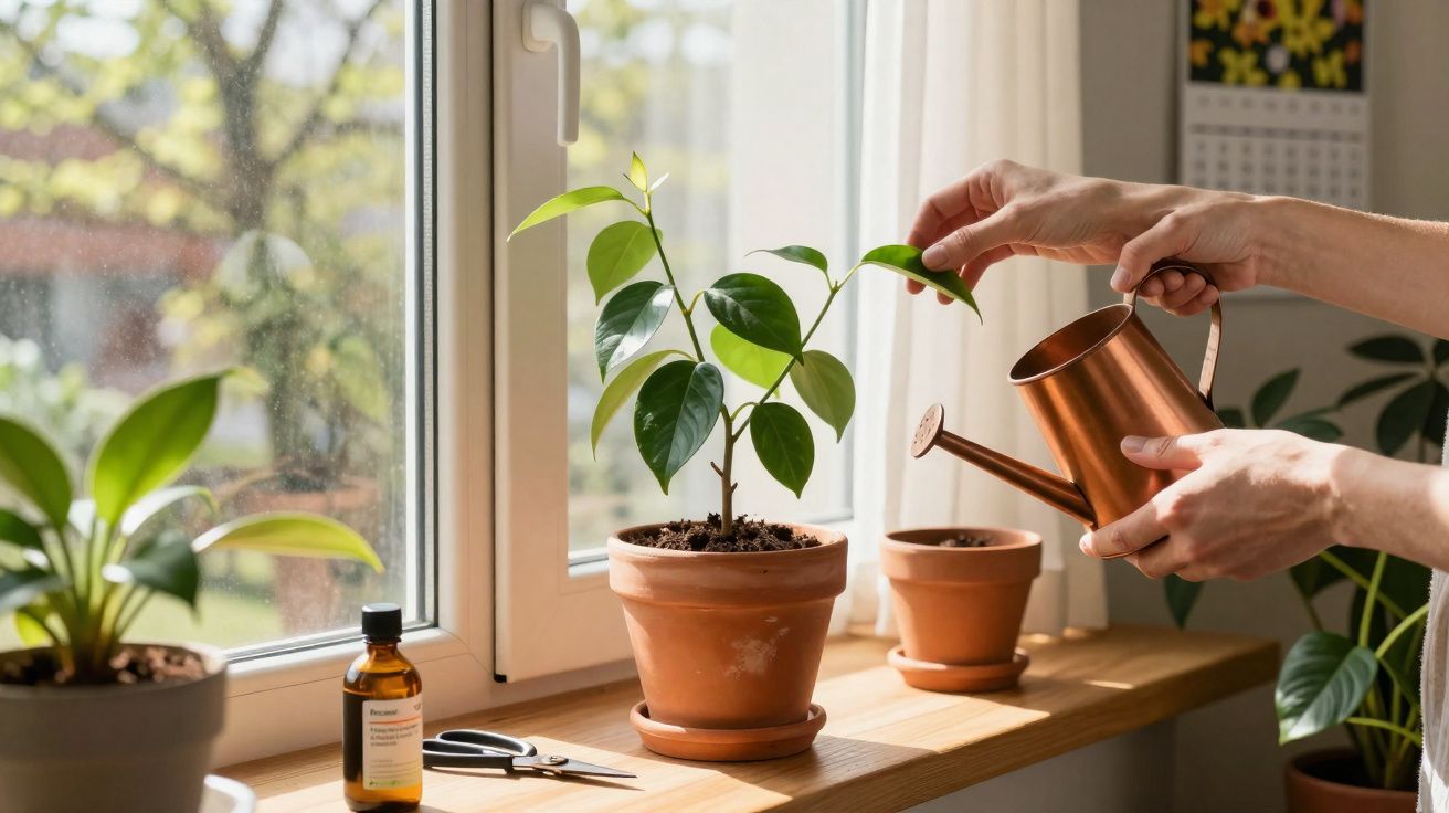 Mãos a cuidar de planta com regador junto a janela, com várias plantas em vasos de barro.