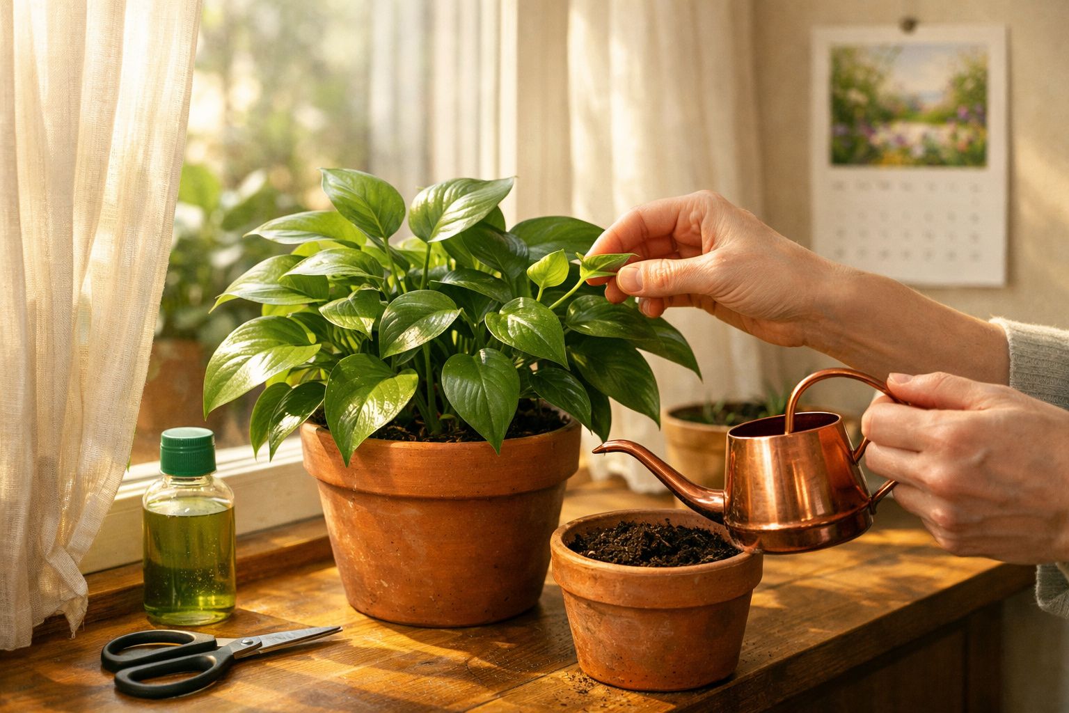 Pessoa a cuidar de planta verde em vaso de barro numa janela com regador de metal cobre e utensílios.