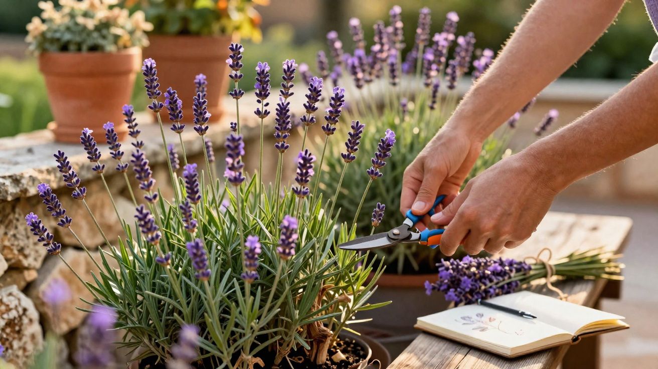 Pessoa a podar flores de lavanda em vaso num jardim com caderno aberto na madeira.