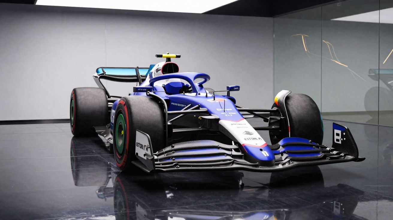 Carro de Fórmula 1 azul e branco exposto num salão com chão refletor e paredes cinzentas.