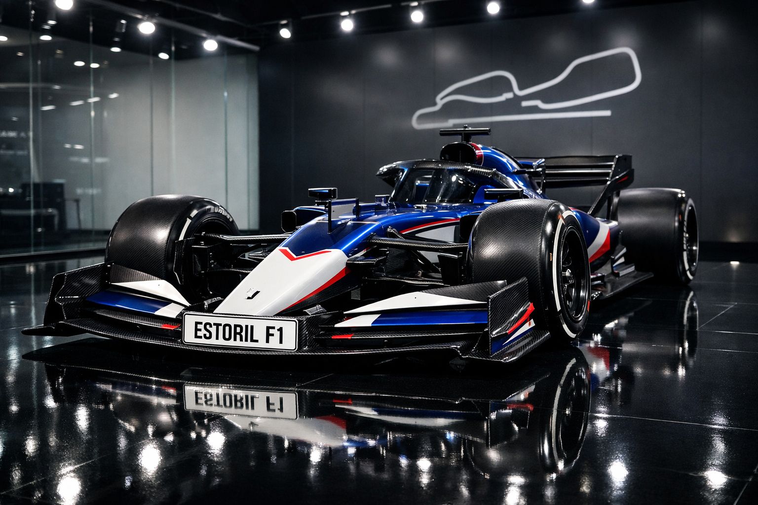 Carro de Fórmula 1 azul, branco e vermelho com placa Estoril F1 em piso refletor num espaço interior moderno.