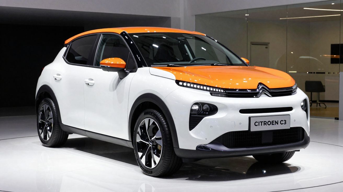 Citroën C3 branco com tejadilho e capô laranja apresentado numa exposição automóvel.