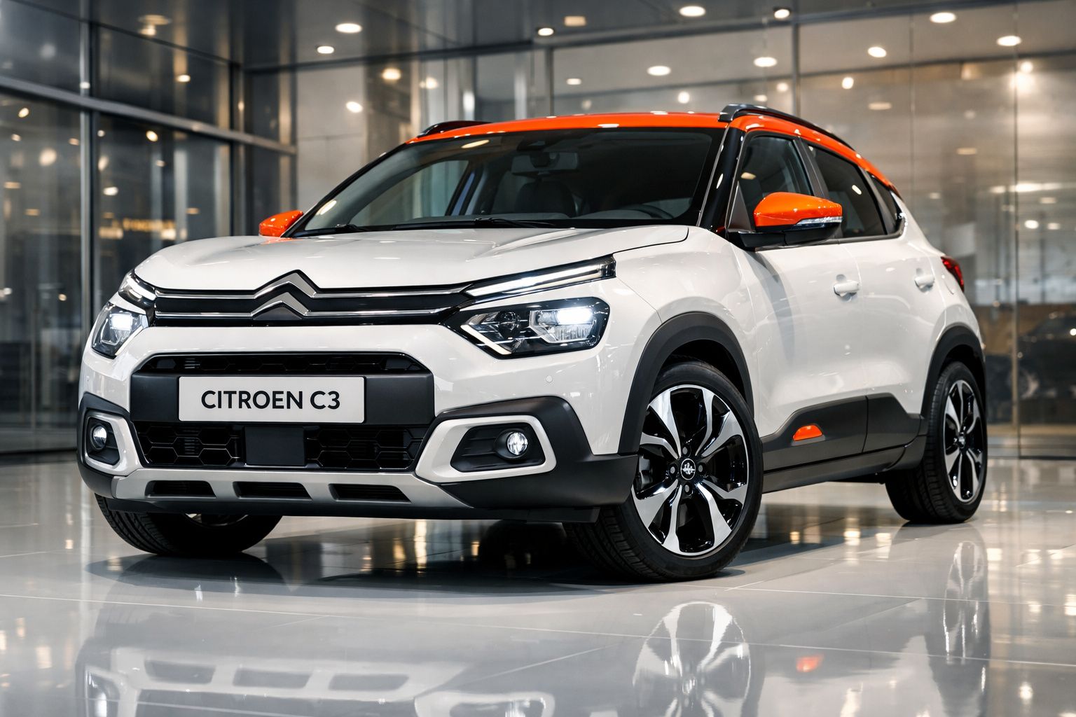Citroën C3 branco com detalhes laranja, apresentado em showroom moderno com iluminação suave.