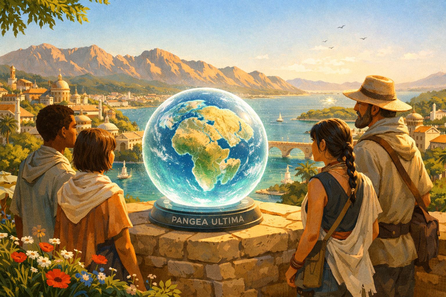 Quatro pessoas observam um globo terrestre iluminado com a inscrição "Pangea Última" numa paisagem costeira africana.