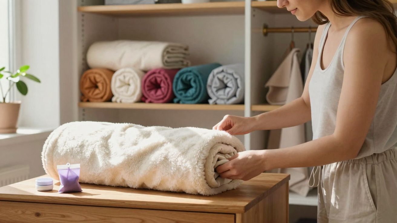 Mulher a enrolar manta branca felpuda numa mesa de madeira numa sala com estante e plantas.