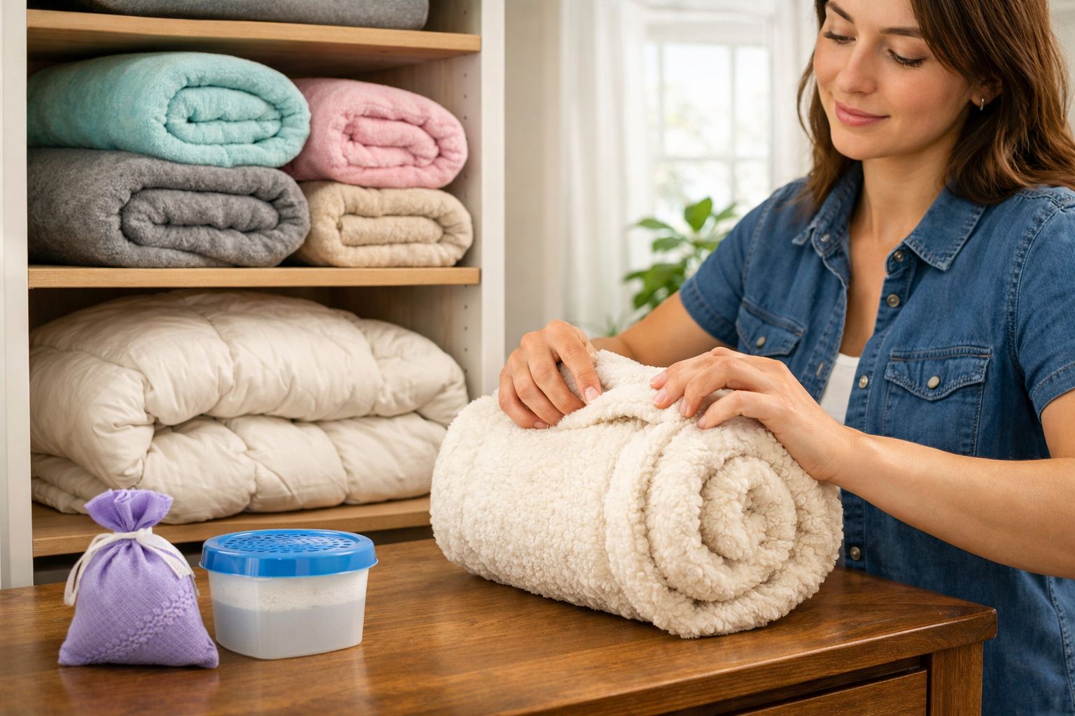 Mulher a enrolar uma manta felpuda perto de prateleira com roupas dobradas e sacos de aromaterapia.