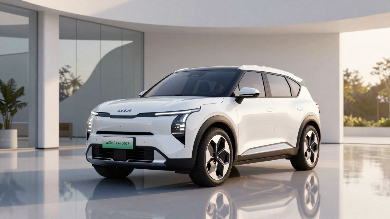 Carro elétrico branco Kia EV5 estacionado em ambiente moderno com chão refletor e luz natural.