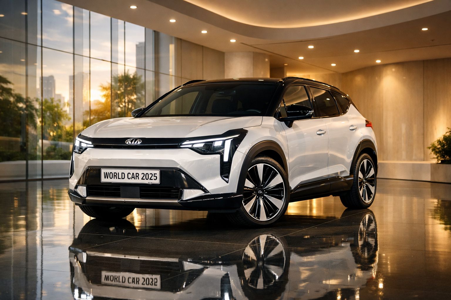 Automóvel SUV elétrico branco da Kia com detalhamento preto, em ambiente interno moderno e iluminação artificial.
