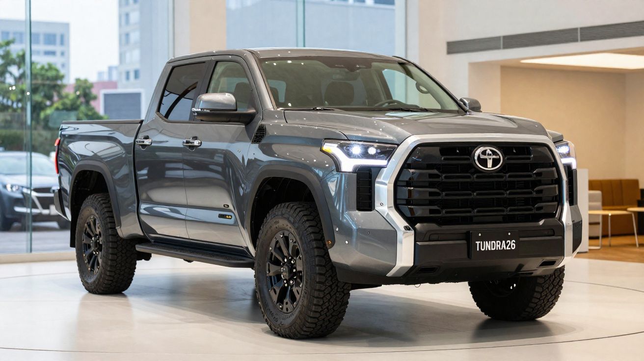 Picape Toyota Tundra 2024 cinza estacionada em interior moderno com jantes negras.