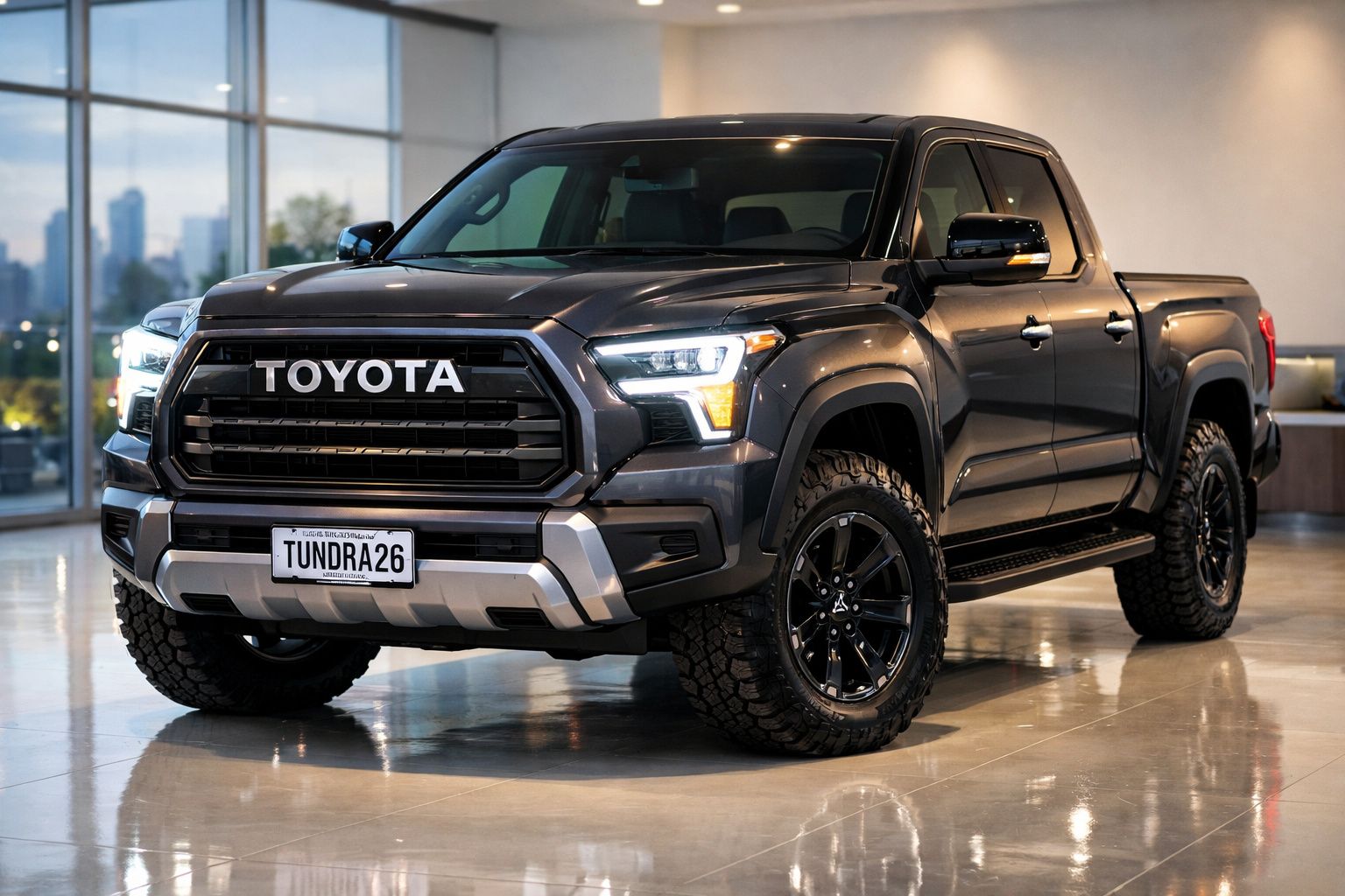 Picape Toyota Tundra cinza escuro estacionada em interior moderno com luz natural.