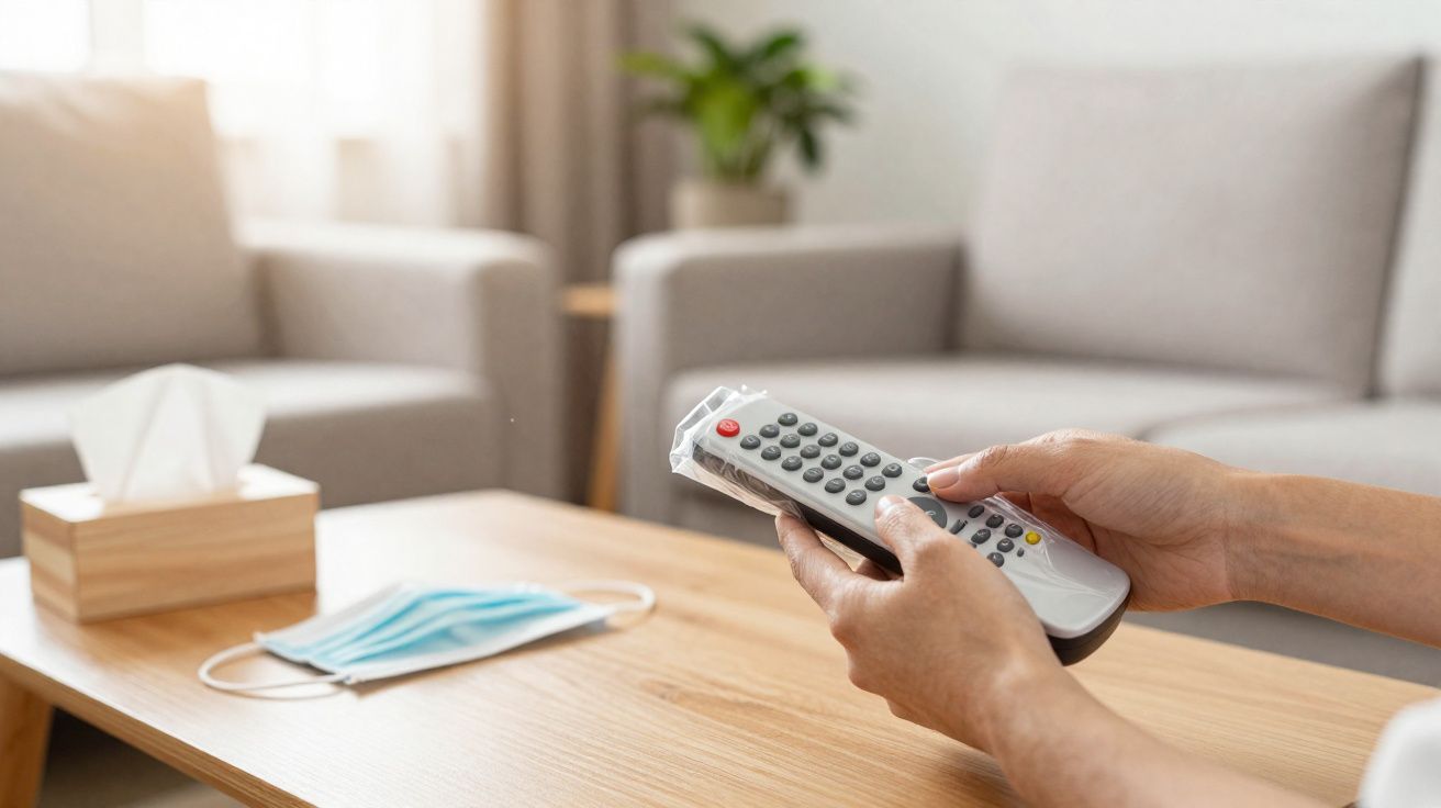 Mãos seguras seguram comando TV coberto com plástico numa sala com máscara e caixa de lenços sobre a mesa.