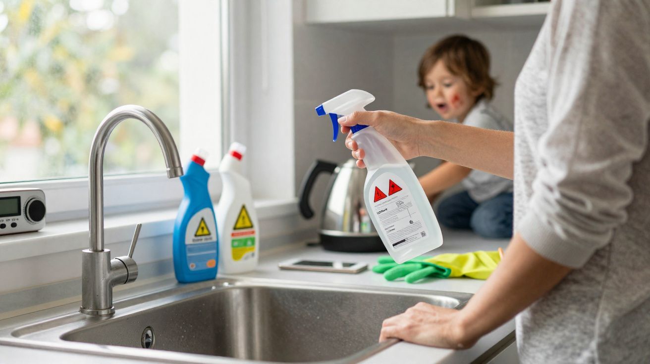 Pessoa a preparar spray de limpeza na cozinha com criança sentada no balcão ao fundo.